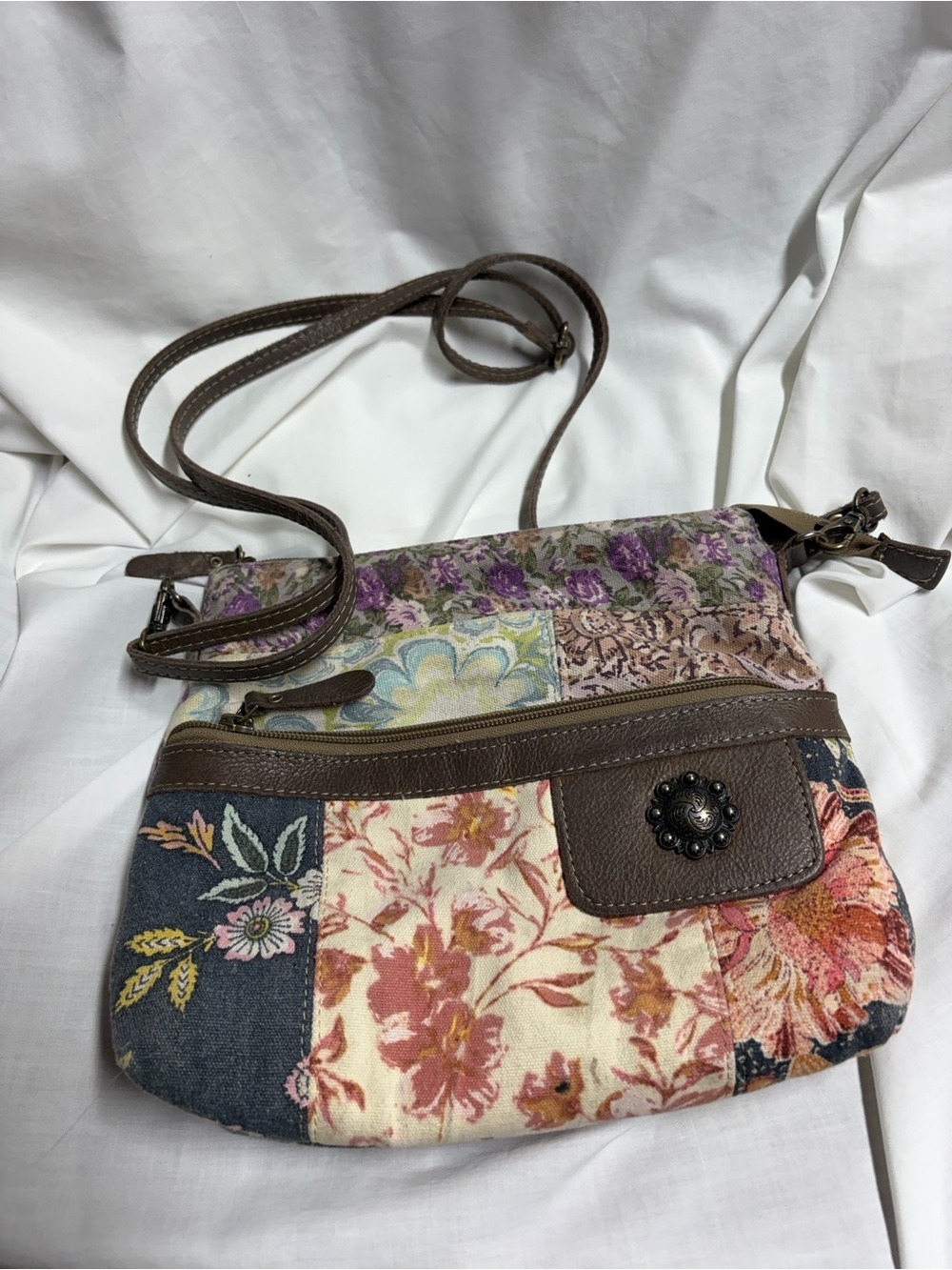 MYRA Crossbody Bag Leather Canvas Le Fleur Floral Patches Hobo Shoulder Purse - Picture 2 of 14